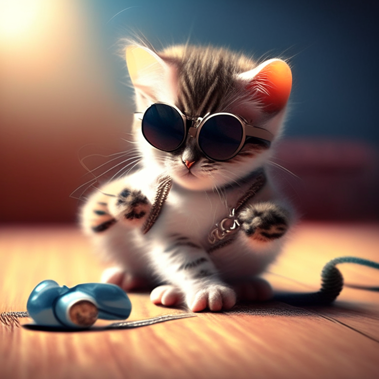 a fashionable kitten wearing a designer collar and sunglasses playing with a toy mouse