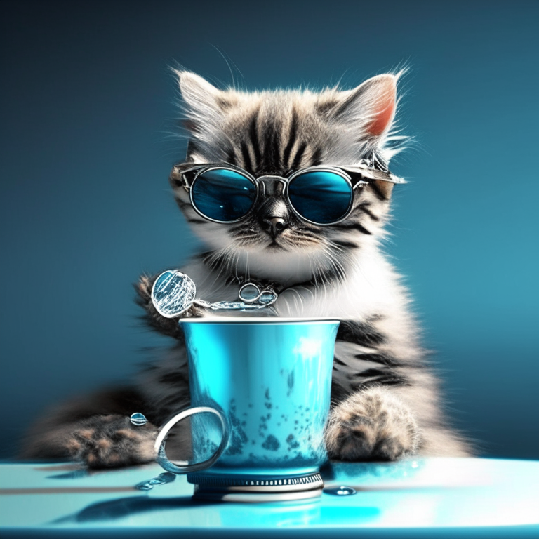 a fashionable kitten wearing a designer collar and sunglasses drinking from a water bowl