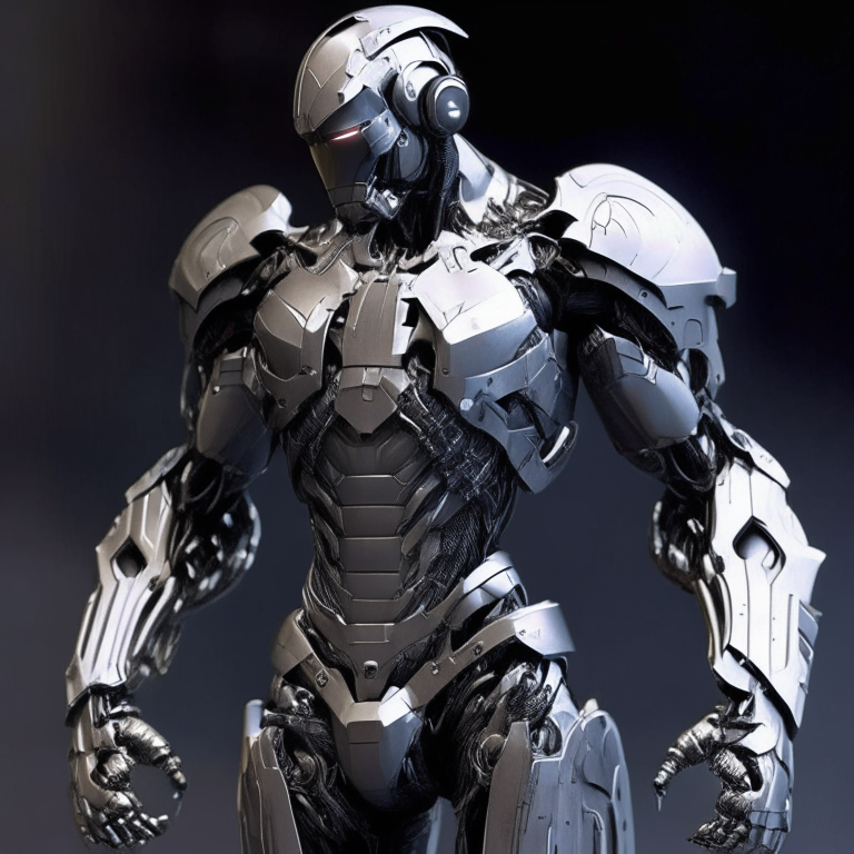 a powered soldier with a helmet, torso, arms and legs made of metal, plastic and carbon fiber from 5000 years in the future