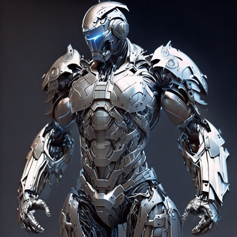 a powered soldier with a helmet, torso, arms and legs made of metal, plastic and carbon fiber parts from 5000 years in the future