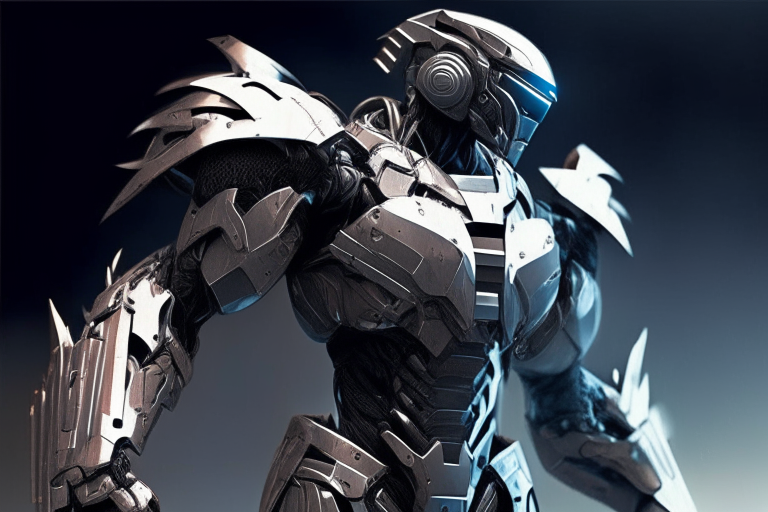 a powered soldier from 5000 years in the future wearing a helmet made of metal, plastic and carbon fiber with a torso, arms and legs also made of those materials