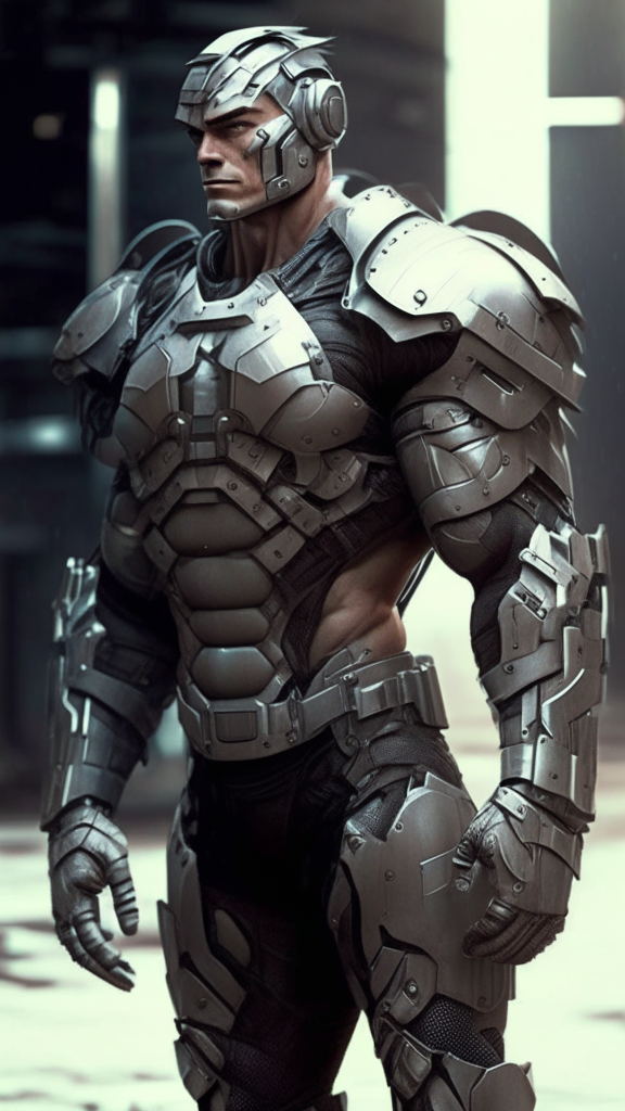 a male human powered soldier from 5000 years in the future with athletic build and industrial-looking, worn armor