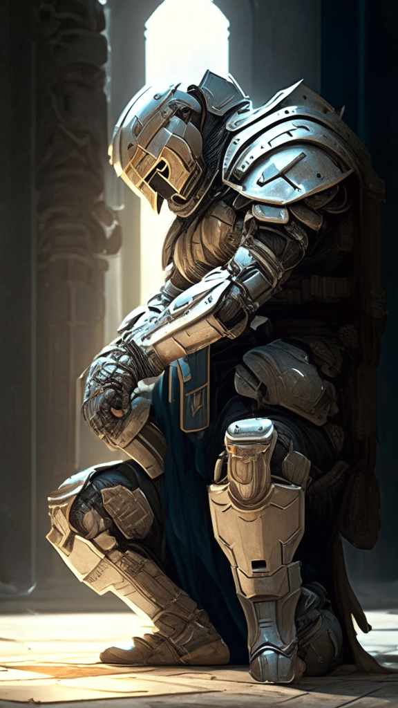 a male human powered soldier from 5000 years in the future with athletic build and worn, mechanical armor kneeling in prayer in a religious setting
