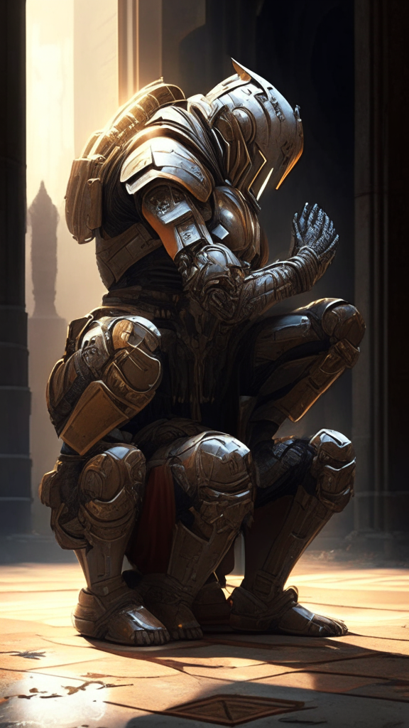 a male human powered soldier from 5000 years in the future with athletic build and worn, mechanical armor kneeling in prayer in a religious setting