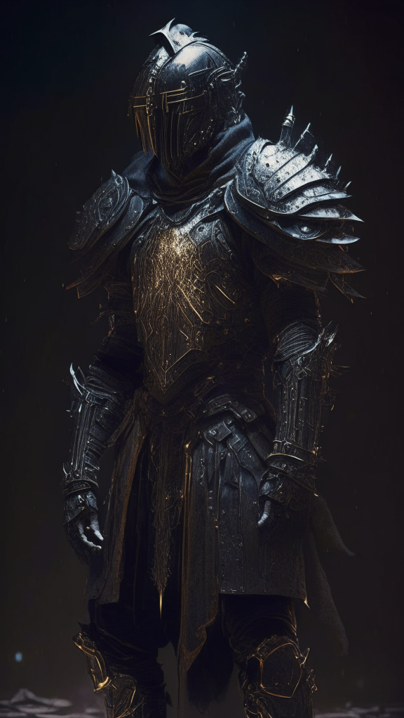 a male human powered soldier standing in the dark wearing worn, religious-style armor made of metal... from 5000 years in the future