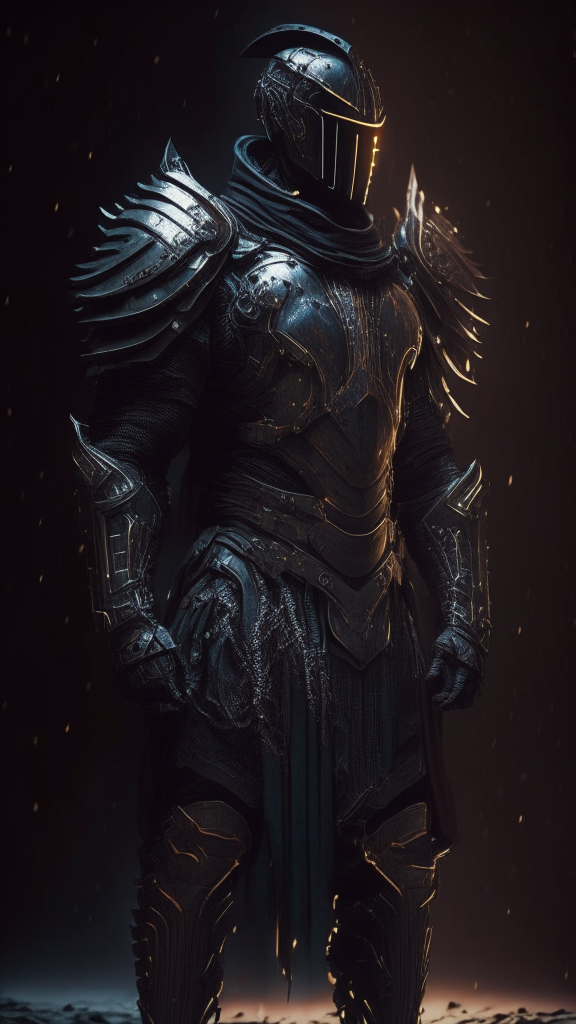 a male human powered soldier standing in the dark wearing simple, worn armor made of metal... from 5000 years in the future with religious influences