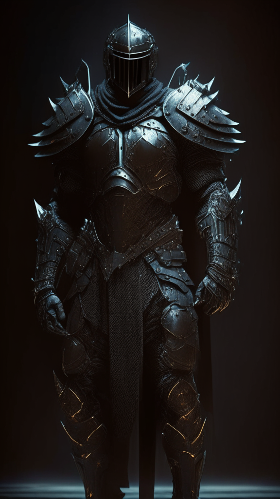 a male human powered soldier standing in the dark wearing simple, worn armor made of metal... from 5000 years in the future with religious influences