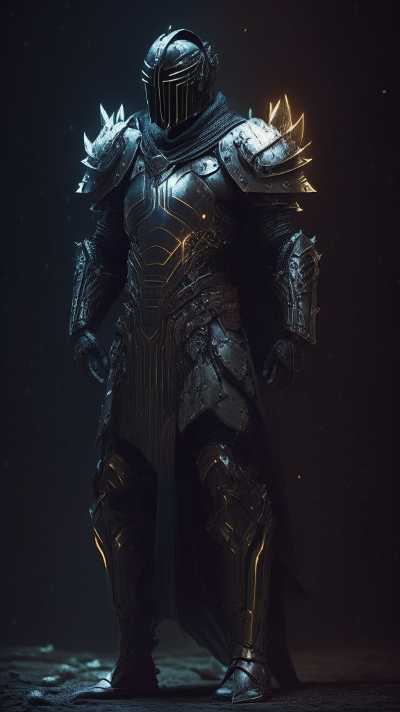 a male human powered soldier standing in the dark wearing simple, worn armor made of metal... from 5000 years in the future with religious influences