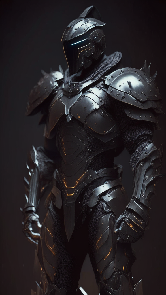 a male human powered soldier standing in the dark wearing simple, worn armor made of metal and carbon fiber... from 5000 years in the future with religious influences and smooth rounded pauldrons