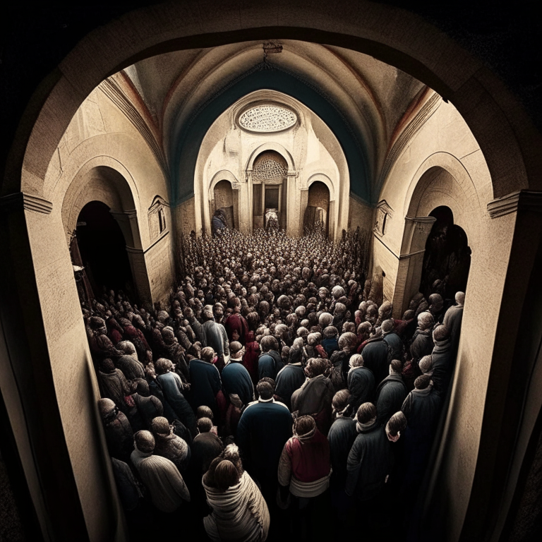 muchas personas formando el contorno de una iglesia en vista cenital


