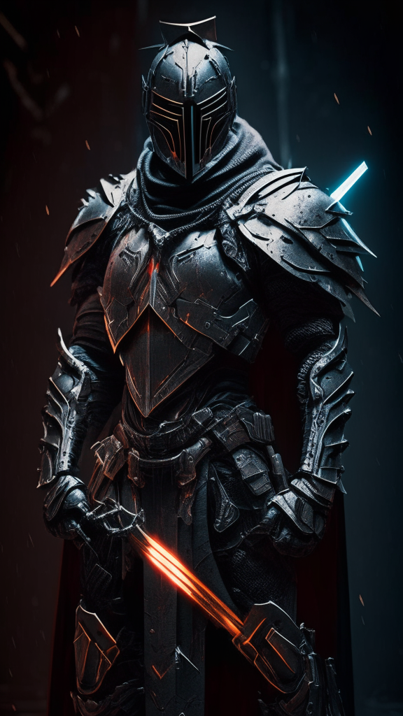 a male human powered soldier standing in the dark wearing worn armor made of metal, plastic and carbon fiber... with a futuristic Templar theme featuring a stylized cross motif