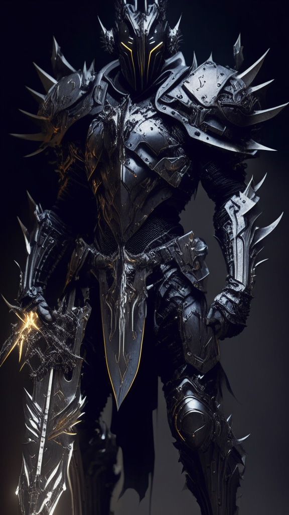 a male human powered soldier standing in the dark wearing form-fitting streamlined armor made of metal, plastic and carbon fiber... with a futuristic gothic mechanical Templar theme featuring large spiked pauldrons, religious iconography and a battle-scarred design
