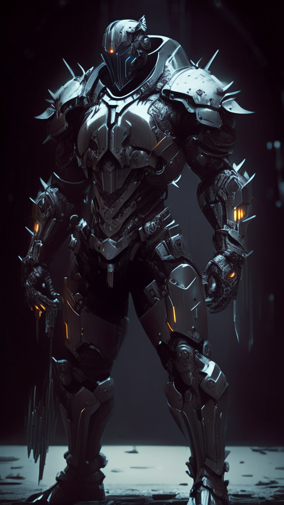 a male human powered soldier standing in the dark wearing form-fitting streamlined armor made of metal, plastic and carbon fiber... with a futuristic industrial mechanical Templar theme featuring medium pauldrons, religious iconography and a battle-scarred design