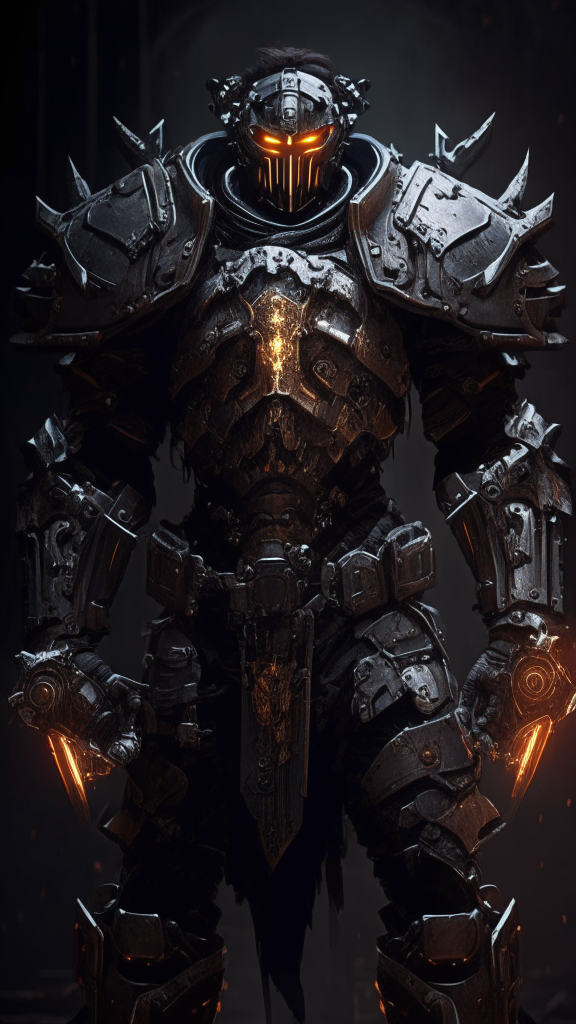 a male human soldier standing in the dark wearing futuristic battle-scarred armor with a mechanical Templar theme featuring gears, religious iconography and medium smooth pauldrons