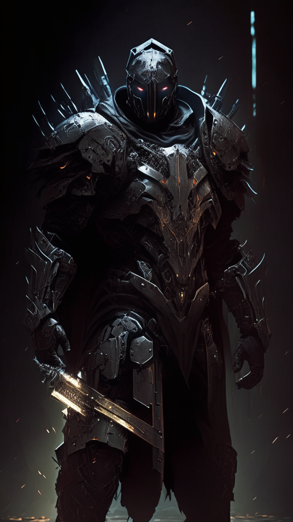a futuristic armored male human assassin standing in the dark wearing battle-scarred armor with religious iconography and stealth equipment