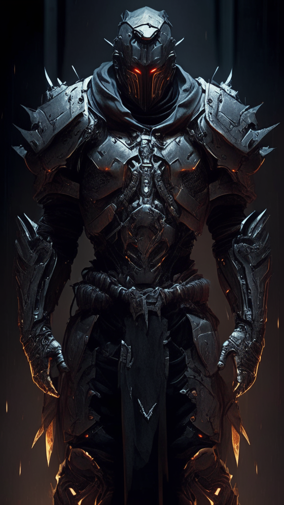 a futuristic armored male human assassin standing in the dark wearing battle-scarred armor with religious iconography and stealth equipment