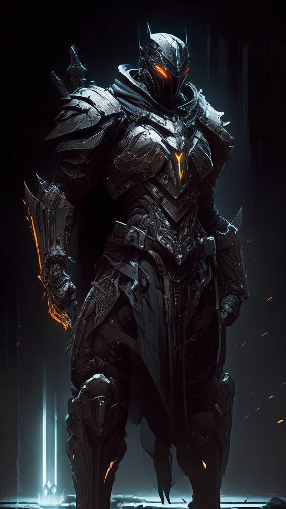 a futuristic armored male human assassin standing in the dark wearing thin battle-scarred armor with religious iconography, concealed blades and stealth gadgets