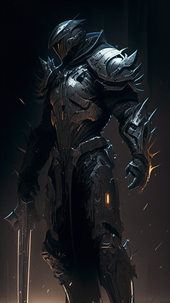 a futuristic armored male human assassin standing in the dark wearing thin battle-scarred armor with religious iconography, concealed blades and stealth gadgets