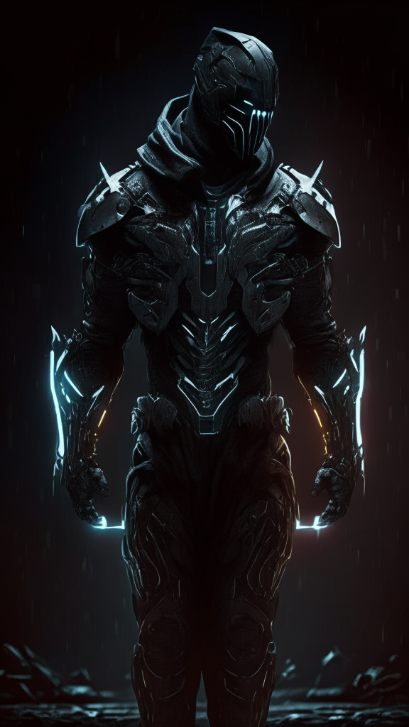 a futuristic armored male human assassin standing in the dark