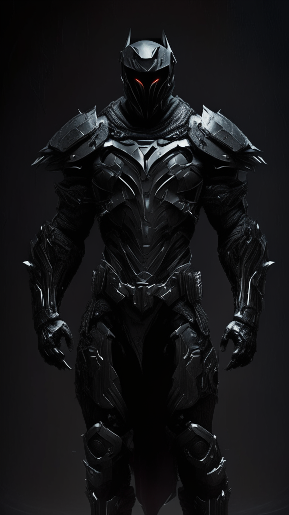 a futuristic armored male human assassin standing in the dark wearing matte black carbon fiber armor with religious iconography and concealed blades