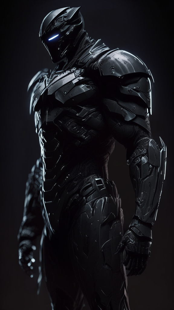 a futuristic armored male human assassin standing in the dark wearing matte black carbon fiber armor