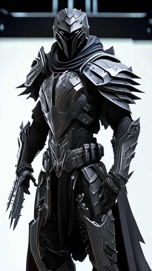 A stealthy human soldier embodying characteristics of an assassin, standing in futuristic armor. The armor design is a blend of futuristic Templar theme with an industrial design reminiscent of the Warhammer 40k universe, with sleek, streamlined design and ornate cross motifs.  
The armor is made of matte, stealthy materials like darkened metal, matte-finished plastic and carbon fiber. The armor tightly hugs the soldier's body. Visible gears, pistons and conduits emphasize the armor's intricate machinery. 
Ethereal smoke seeps from the armor's joints, adding mystery. The soldier is equipped with concealed blades and high-tech gadgets for stealth operations.
The scene suggests a time period 5000 years in the future. The armor is worn and battle-scarred. 
The overall ambiance is dark and shadowy, emphasizing the soldier's stealthy nature.