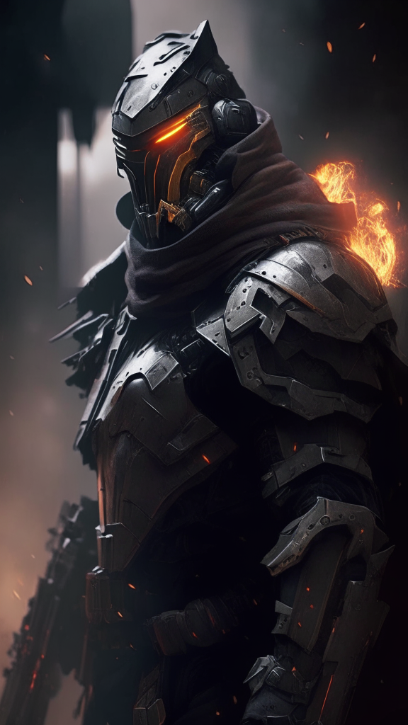 a futuristic armored soldier with Templar and assassin influences, mechanical and dark ambiance, smoke effects, concealed weapons