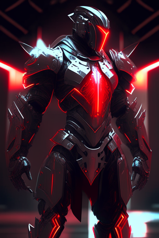 A futuristic holy knight. Male human with athletic body. Standing pose. Black gunmetal armor with reflective surfaces and mechanical components like gears. Red highlights. Form-fitting sleek armor with modern visor and cross symbols on chest. Soft glow aura suggesting divine presence. Far future industrial ambiance balancing harshness and holy serenity.