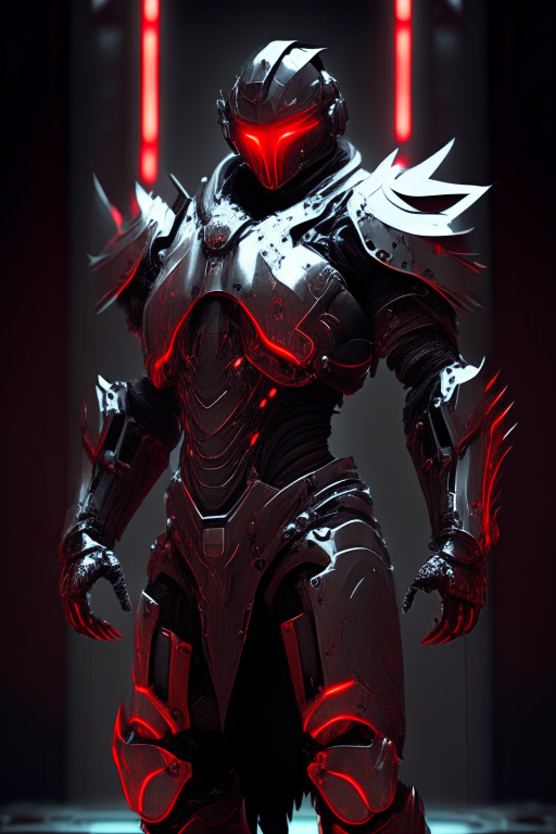 A futuristic holy knight. Male human with athletic body. Standing pose. Black gunmetal armor with reflective surfaces, gears, pistons and grates. Red highlights. Sleek but rugged reinforced armor with modern visor and cross symbols. Worn texture indicating combat history. Soft glow aura suggesting divine presence. Far future industrial ambiance balancing harshness and holy serenity.