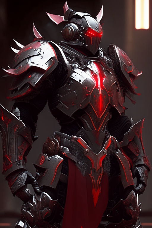 A futuristic holy knight with black gunmetal armor, red highlights, form-fitting plates, and a soft divine glow. The armor has a rugged industrial style with religious symbols and battle damage, suggesting a blend of technology and holy purpose.