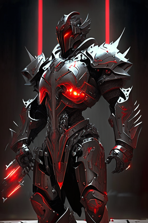 A futuristic holy knight with black gunmetal armor, red highlights, form-fitting plates, and a soft divine glow. The armor has a rugged 21st century industrial style with religious symbols and battle damage, suggesting a blend of technology and holy purpose.