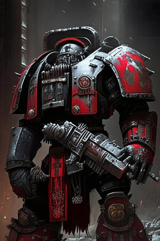 A Space Marine in Warhammer 40K style with black power armor, red markings, and a bolter. The armor has a rugged industrial gothic style with religious symbols and battle damage.