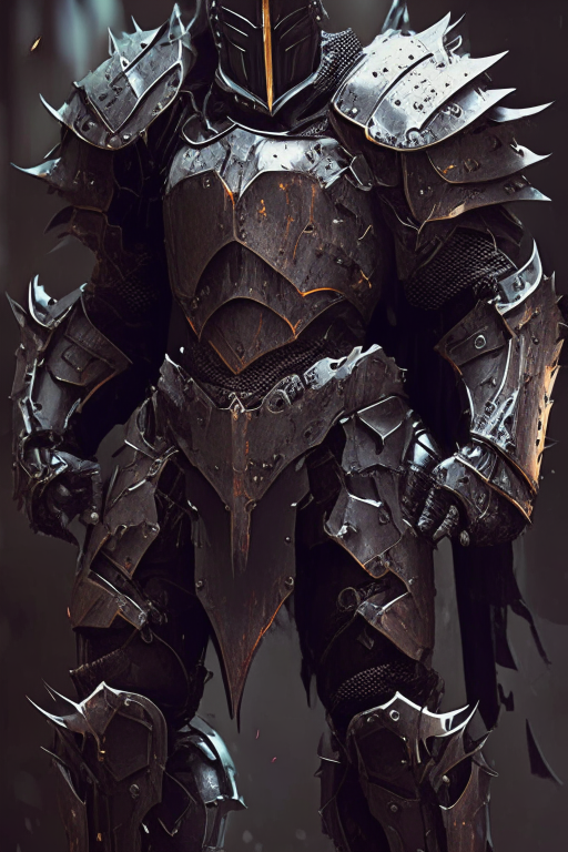A futuristic knight with dark, battered armor that has seen many battles