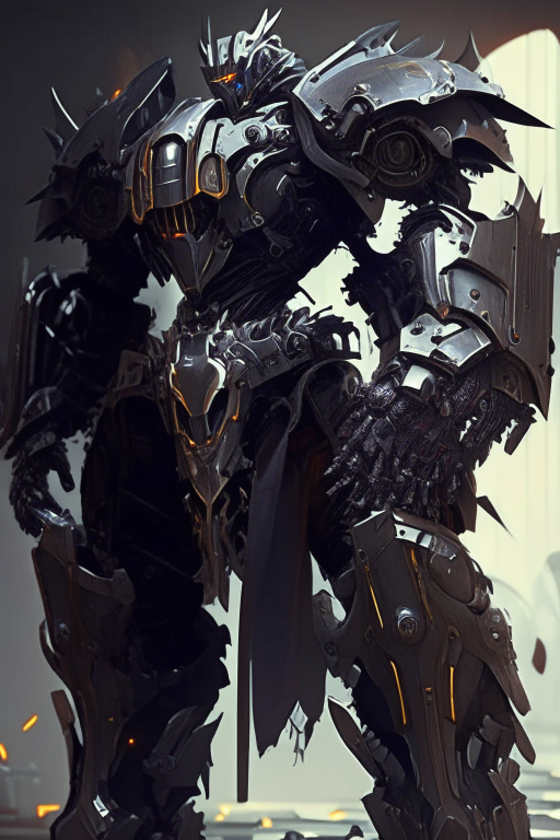 A futuristic mechanical knight with dark armor plating, gears, and mechanical parts that has seen many battles