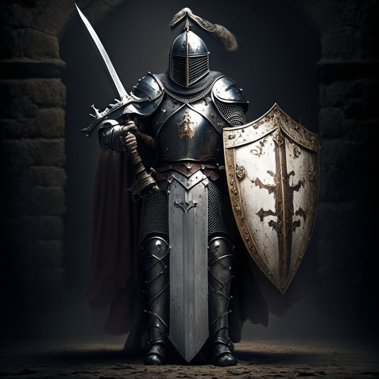 A holy knight in full armor standing with a sword and shield
