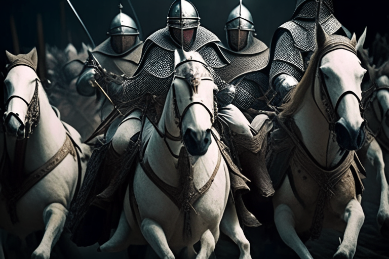 A group of holy knights on horseback riding into battle