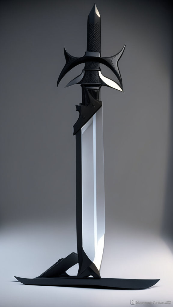 A futuristic hand-and-a-half sword with a straight black blade, sharp edge, ergonomic hilt with carbon fiber accents, simple crossguard and sleek pommel on a modern display stand