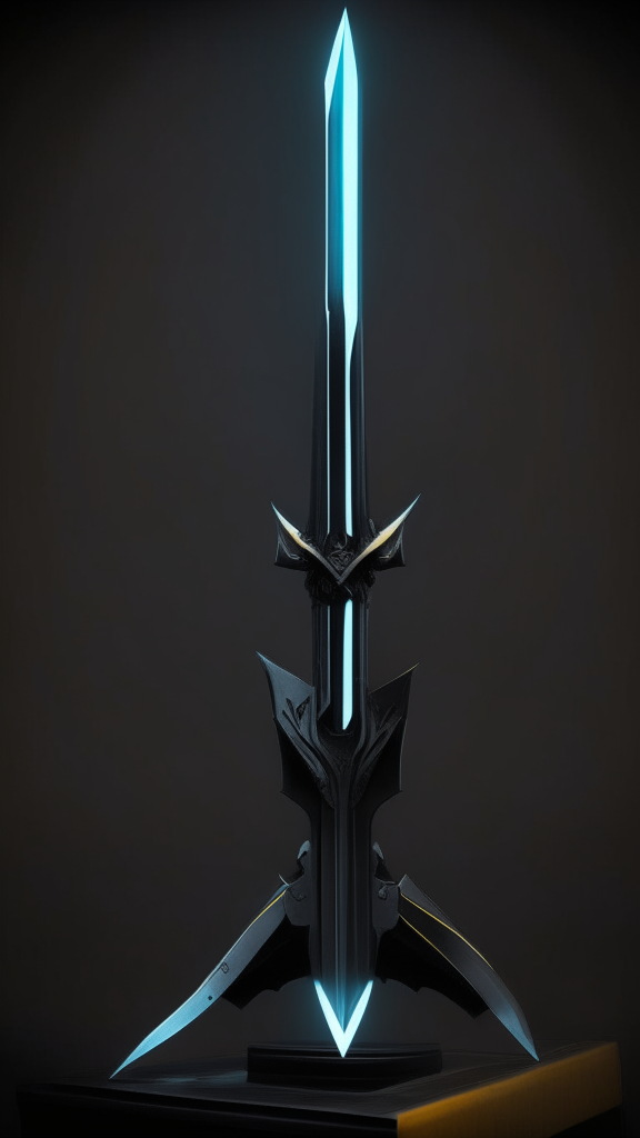 A futuristic hand-and-a-half sword with a straight black stealth blade, sharp edge, ergonomic carbon fiber hilt, simple crossguard, sleek LED pommel on a modern display stand against a black background