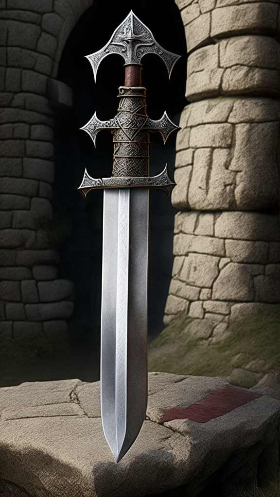 A Templar hand-and-a-half sword with a long straight double-edged blade tapering to a point, large leather-wrapped grip, straight crossguard, disk-shaped pommel engraved with a Templar cross, resting on an ancient stone table against a stone castle backdrop