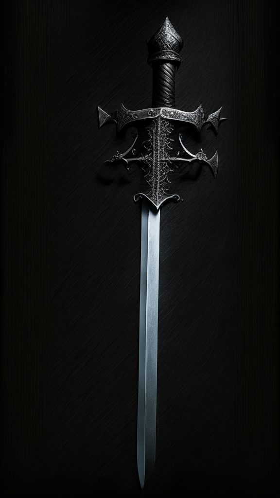 An English hand-and-a-half sword with a long straight double-edged blade, wide leather-wrapped grip, simple horizontal crossguard, disk pommel engraved with a cross symbol, presented in a dark ethereal setting against a black backdrop
