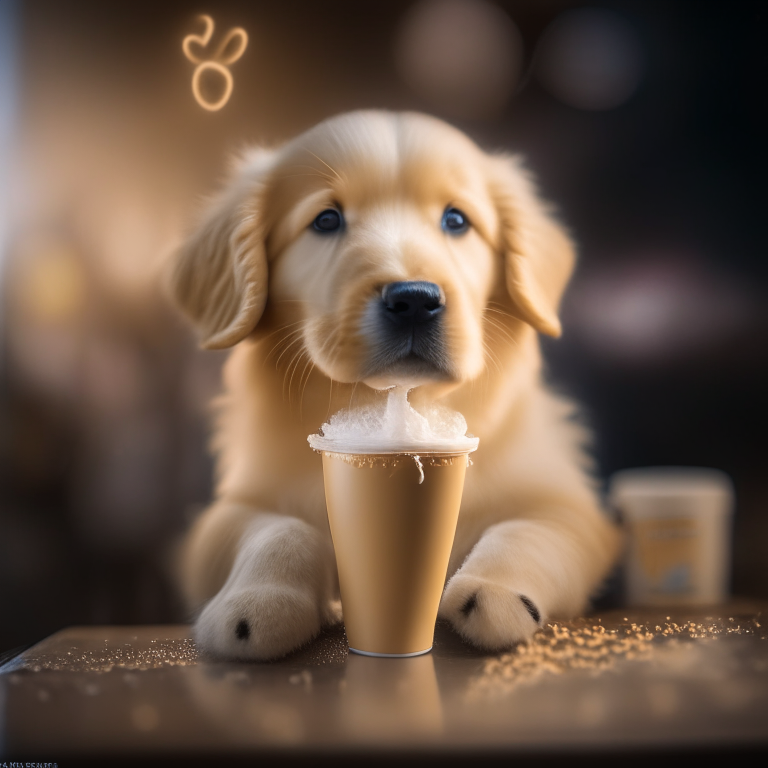 a golden retriever puppy drinking a latte with heart-shaped foam art, bokeh, 35mm