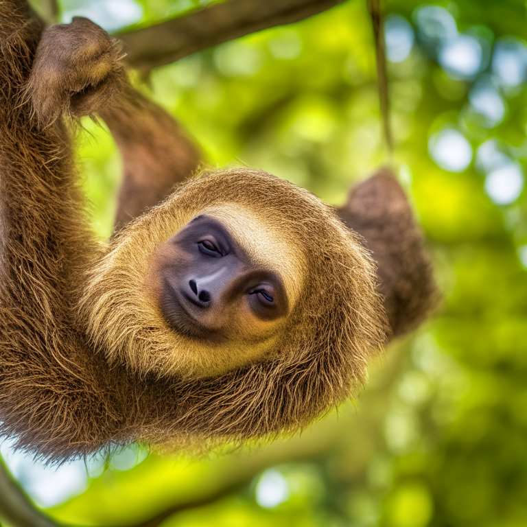 portrait of a brown three-toed sloth hanging upside down from a tree branch