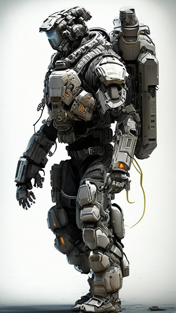 A soldier wearing a powered exosuit. The exosuit covers the soldier's body entirely, suggesting increased physical power and resilience. The exosuit appears constructed from durable materials like metal and polymers, and is equipped for combat.