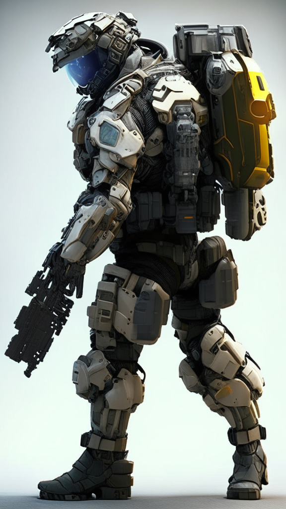 A soldier wearing a powered exosuit. The exosuit covers the soldier's body entirely, suggesting increased physical power and resilience. The exosuit appears constructed from durable materials like metal and polymers, and is equipped for combat.