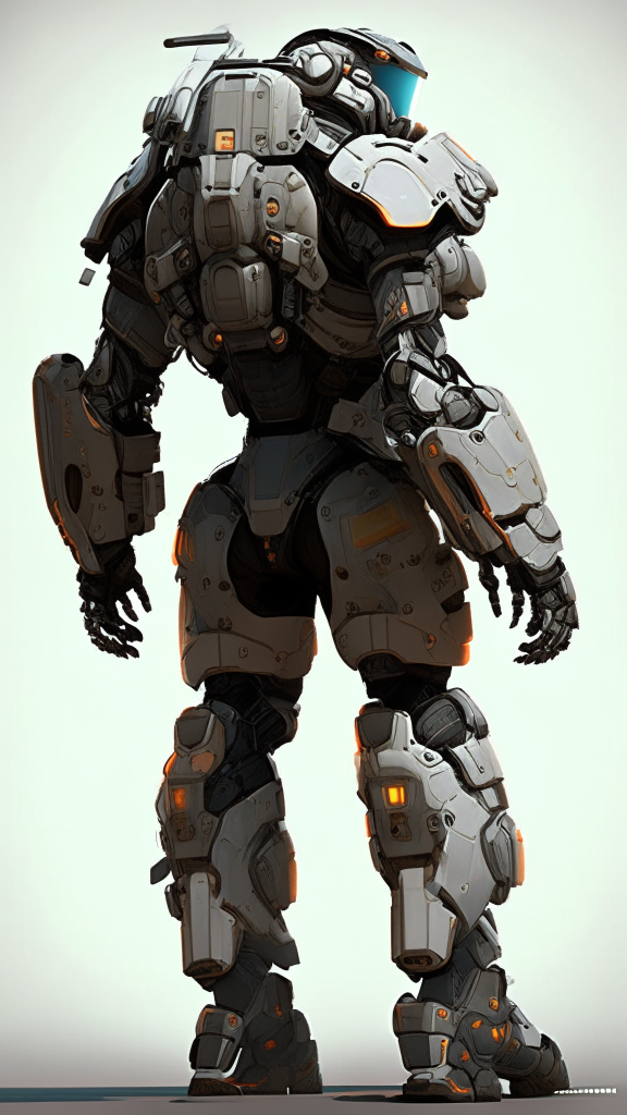 A soldier in a stylized powered exosuit. The thick contoured plates follow the soldier's body and enhance their silhouette. The exosuit enhances their physical power and resilience for combat in the near future.