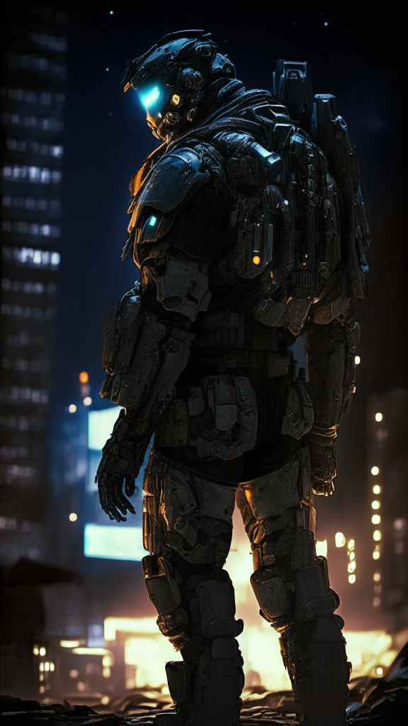 A battle-worn soldier in a powered exosuit. The thick armor plates cover their body and enhance their strength. The exosuit shows signs of wear from combat with mechanical joints and components visible. The soldier stands in a ready stance in a dark war-torn cityscape under a night sky, their equipment lit by the glow from the exosuit, highlighting its capabilities.