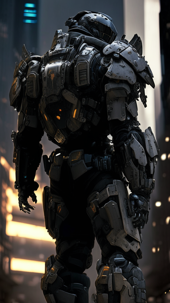 A soldier in a battle-worn powered exosuit stands ready in a dark war-torn cityscape. The thick armor plates cover their body and enhance their strength. The exosuit shows signs of wear from combat with mechanical joints and components visible. The soldier's helmet, gauntlets and pauldrons resemble traditional knightly armor in a futuristic reinterpretation. The soldier's equipment is lit by the glow from the exosuit, highlighting its capabilities.