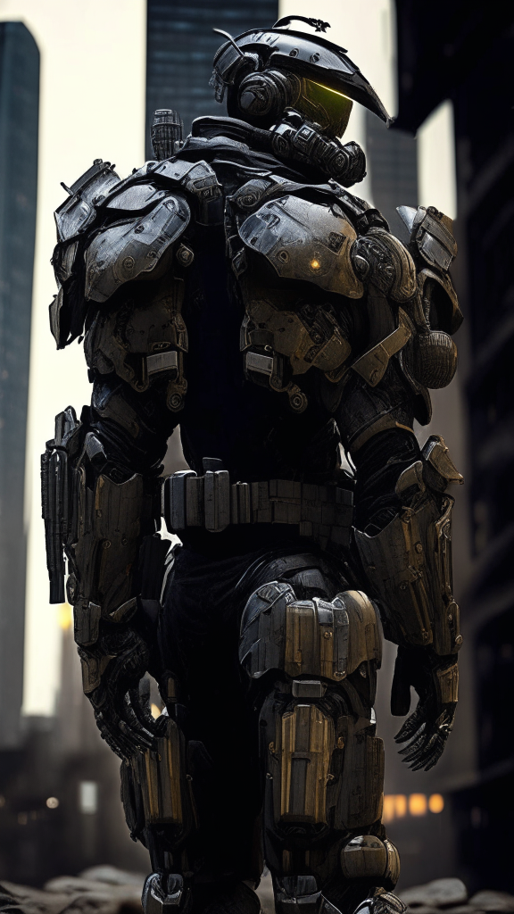A soldier in a battle-worn powered exosuit stands ready in a dark war-torn cityscape. The thick armor plates cover their body and enhance their strength. The exosuit shows signs of wear from combat with mechanical joints and components visible. The soldier's helmet, gauntlets and pauldrons resemble traditional knightly armor in a futuristic reinterpretation. The soldier's equipment is lit by the glow from the exosuit, highlighting its capabilities.