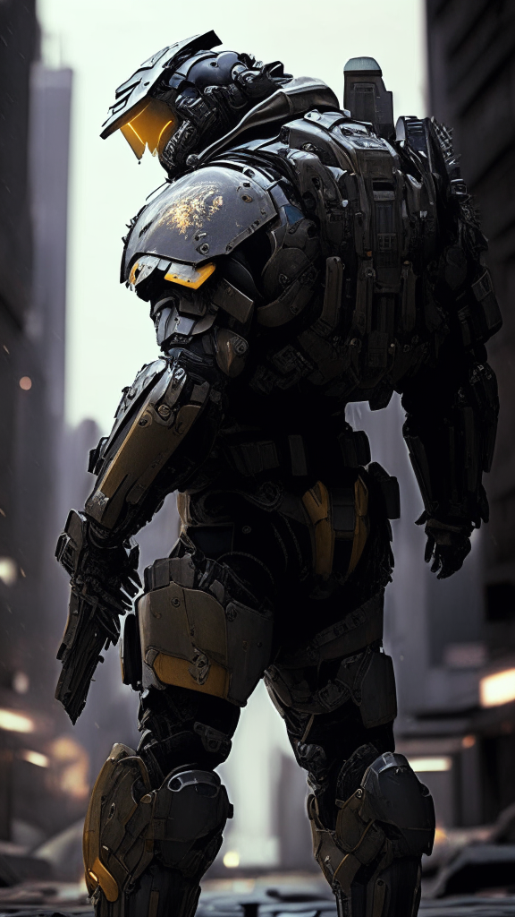 A soldier in a battle-worn powered exosuit stands ready in a dark war-torn cityscape. The thick armor plates cover their body and enhance their strength. The exosuit shows signs of wear from combat with mechanical joints and components visible. The soldier's helmet, gauntlets and pauldrons resemble traditional knightly armor in a futuristic reinterpretation. The soldier's equipment is lit by the glow from the exosuit, highlighting its capabilities.