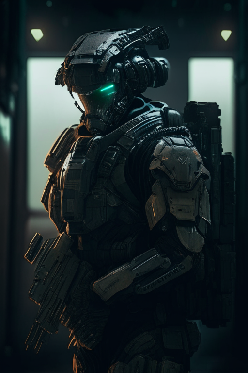 a soldier wearing a futuristic powered exosuit standing in a dark industrial complex, gritty battle-worn armor plates and a visored helmet, carrying a rifle and utility packs showing signs of wear, 9:16 portrait aspect ratio, dark near future sci fi military ambiance
